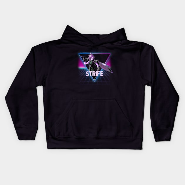 Final Fantasy VII Cloud Strife Retro 80s Neon Landscape Kids Hoodie by Bevatron